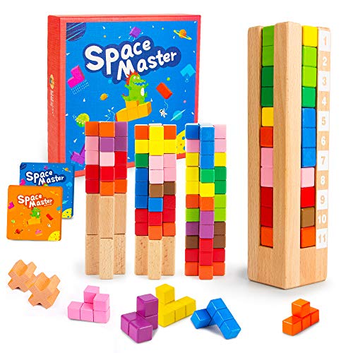 VATOS Puzzle Tetris de Madera, Space Master Bloque de Forma Tangram Rompecabezas Juguete - Geometría Lógica IQ Juego Colorido de Madera Stem Montessori Regalo Educativo para Niños Todas Las Edades