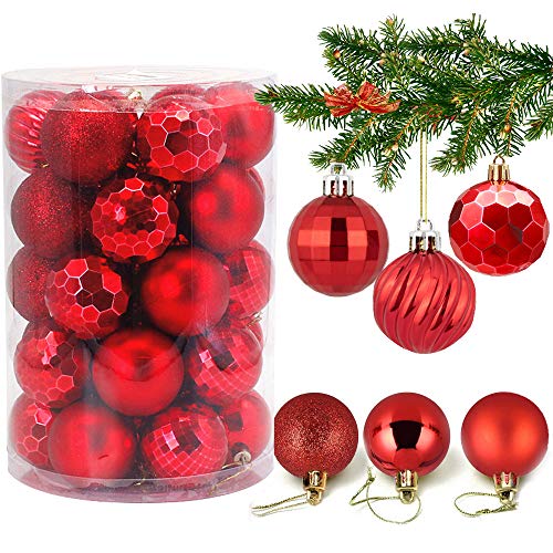 VDSOW Adornos navideños 34 Piezas Adornos de plástico para árboles de Navidad, Mini Bolas de Navidad Colgantes inastillables para Bodas de Navidad, Año Nuevo, decoración(4cm) (Rojo)