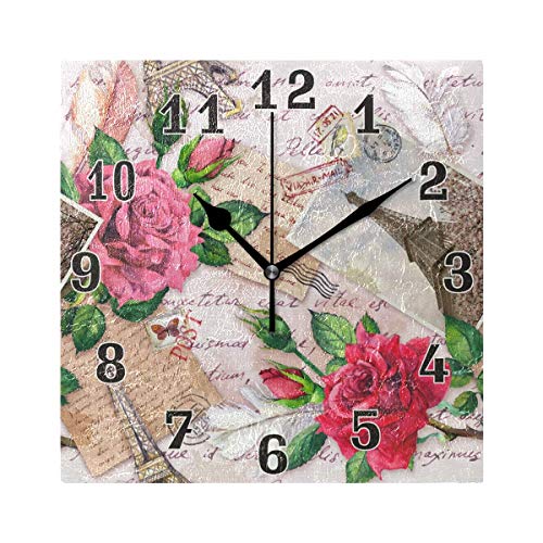 Vintage Flower Paris Eiffel Tower Square Acrylic Wall Clock, Silent Non Ticking Art Painting Clock for Kids Girls Children Bedroom Living Room School Home Decor