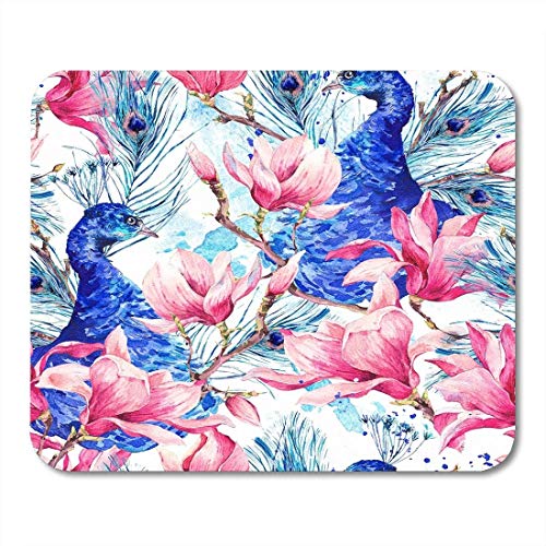 Yanteng Almohadillas para Mouse Acuarela Floral Vintage Par de Flores de Pavo Real Magnolia Ramitas Hojas y Plumas Resumen Natural Alfombrilla de ratón Alfombrillas para portátiles