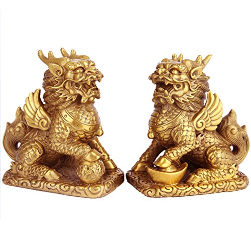 YUNHAO Estatua de latón chino Fengshui Foo Fu Dog Guardion Lion Kylin par