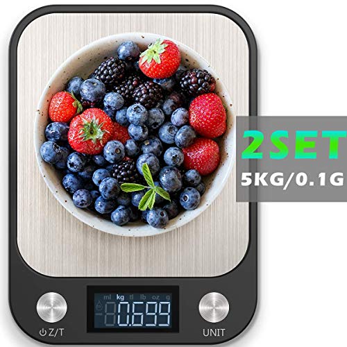 YYBF Básculas Digitales para Alimentos, Báscula Electrónica para Pesaje De Acero Inoxidable con Pantalla LCD, 2 Juegos, Diseño Delgado, Función De Tara, para El Hogar, La Cocina,5KG/0.1G