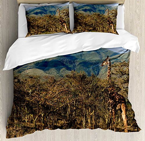 Zoo juego de funda nórdica por Ambesonne, jirafa entre árboles Prickly Acacias pastoreo montaña África Safari sabana, decorativo juego de cama con almohada, verde luz azul marrón