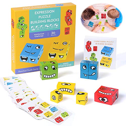 ZWOOS Juguete de Madera de Expresión, Cubos de Cambio de Cara de Juguete Montessori Juguetes Niños Expression Puzzle Building Cubos para Niños en Edad Preescolar