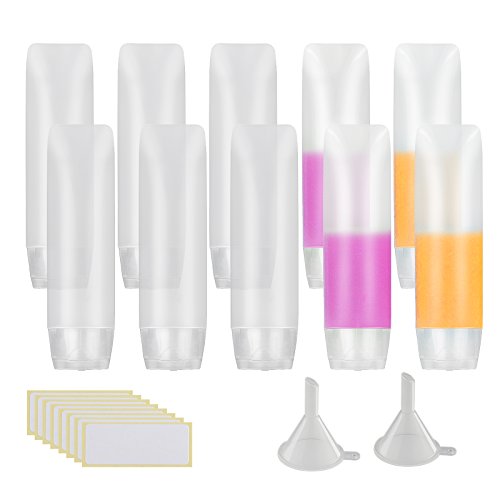 10 pcs de transparente envase de loción exprimible MEZOOM de botellas PE plastico de contenedor viaje con dos embudos y una etiqueta en equipaje o bolso