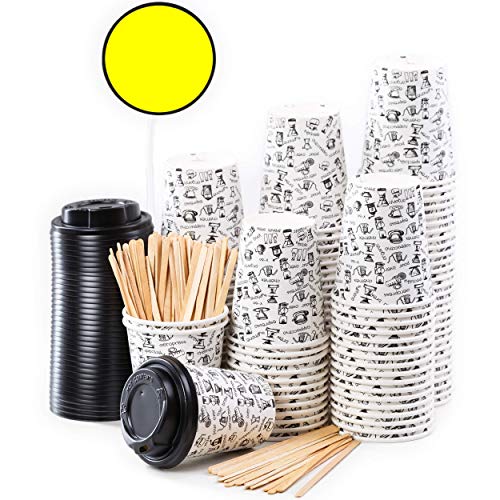 100 Vasos Desechables de Café para Llevar - Vasos Carton 240 ml con Tapas y Agitadores de Madera para Servir el Café, el Té, Bebidas Calientes y Frías