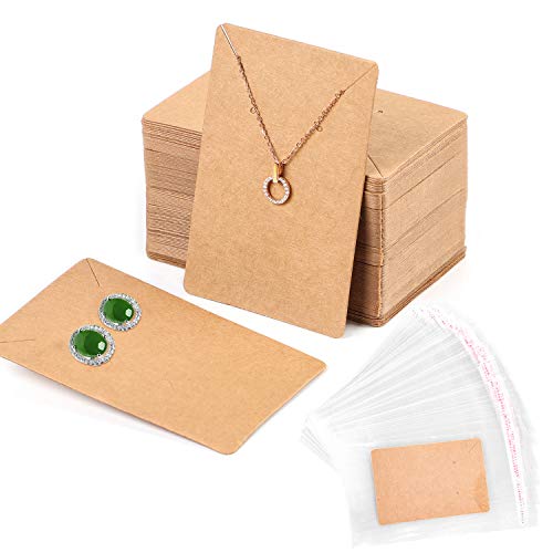 100Pcs Tarjetas Exhibición de Joyería con 200 Bolsas Autoadhesivas,Tarjetas de Exhibición de Pendiente Collar Kraft Exhibición de Pendientes de Papel,Tarjetas para Pendienetes Collar Joya Mostrar