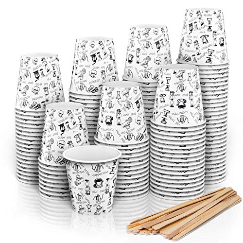 140 Vasos Carton Desechables para Café Espresso 110 ml con Agitadores de Madera para Café para Llevar