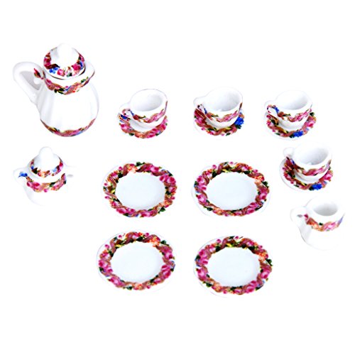 15 juegos de té en miniatura para casa de muñecas de porcelana juego, diseño floral, taza, jarra y plato