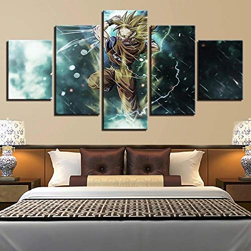 45Tdfc Lienzo de Pared Art Imagen para decoración del Dragón -Animación -Goku -Supper Saiyan 3-5 Piezas Pinturas Moderna Estirada y Enmarcado Arte Aceite