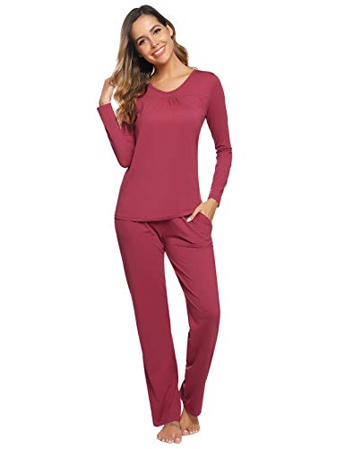 Abollria Pijamas Mujer Algodon Ropa de Domir Elegante Manga Pantalon Largos (XL, Rojo Ladrillo_3)