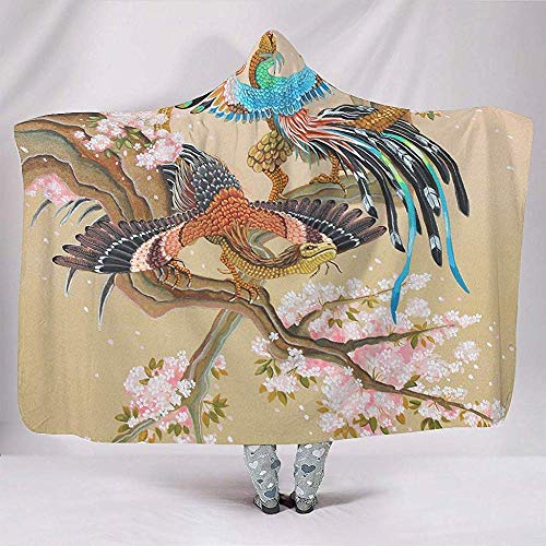 Abstract Dragon Phoenix Pink Blossom Trees Obra de Arte Impresión Mantas con Capucha Mystical Fleece Hood Throw Reading Sofa