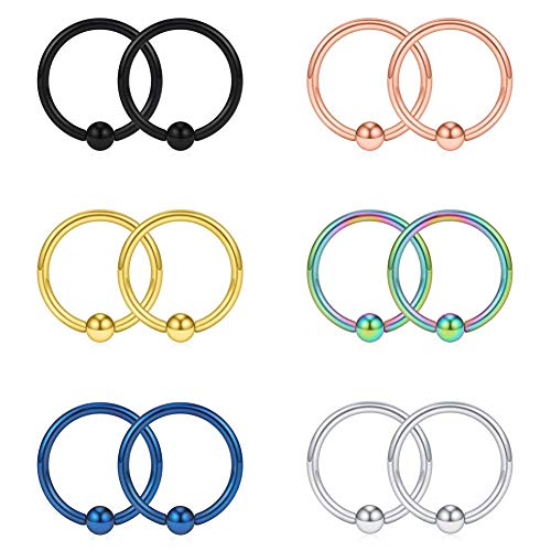 Acefun 16G 10mm Captive Bead Piercing Ring Stainless Steel Nose Septum Tragus Daith Helix Lip Eyebrow Hoop Rings 12PCS (Mix Color)