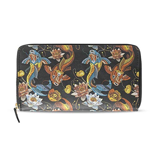 Ahomy - Cartera de Piel para Mujer, Estilo Vintage, diseño de Loto de Carpa de koi, con Bolsillo con Cremallera