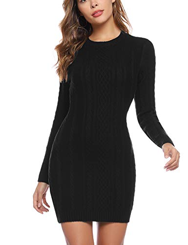 Aibrou Vestido Sueter de Punto Cuello Redondo para Mujer,Elegante Vestido de Suéter Manga Larga Elástico Delgado Clásico,Sexy Jersey Falda de Cadera Negro M