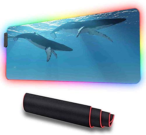 Alfombrilla de ratón RGB grande para juegos, dos ballenas jorobadas nadando cerca, alfombrilla de ratón grande extra larga LED suave,, alfombrilla de ratón para teclado de computadora