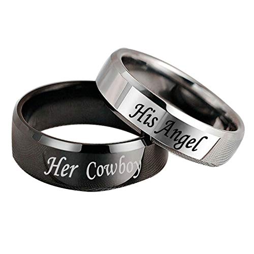 AnazoZ Anillos Acero Inoxidable Hombre Her Cowboy His Angel Anillos Compromiso Pareja Anillo Negro Plata Anillo Mujer Talla 22 & Hombre Talla 12