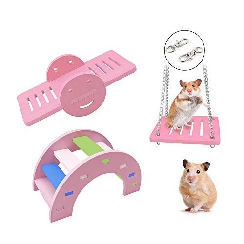 Andiker 3 bonitos columpios para hámsters, puente arcoíris y balancín y columpio, juguete para escalar y jugar, actividades de animales pequeños, accesorios para mascotas pequeñas (rosa)