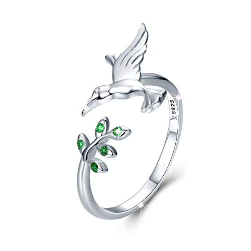 Anillo ajustable para mujer de plata de ley 925 con hojas de árbol de pájaro, anillos abiertos con circonita cúbica verde