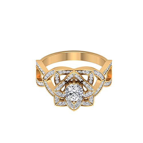 Anillo de oro de 1,03 ct certificado Moissanite, clásico de flor de loto, DE-VS1 claridad de color, anillo de promesa de piedras preciosas, declaración de mujer, 14K Oro amarillo, Size:EU 70