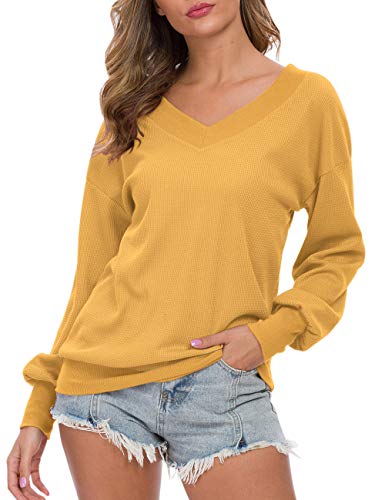 AUSELILY - Jersey de Punto para Mujer, Cuello en V, Manga Larga, Informal, sin Hombros.(EU 44-46,Amarillo)