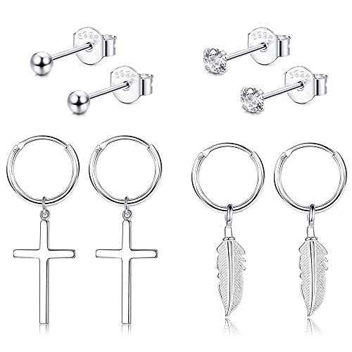 BESTEEL 4Pairs 925 Plata Pendientes Conjunto de Hombres Mujeres Niñas Aro Pendientes Hoja Pluma Cruz Pendientes Pequeños de Bola Zirconia 2 mm Arete Oreja Piercing Tragus del cartílago caja de Regalo