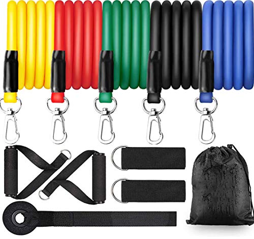 BIGFOX 11Pcs Bandas Elásticas Musculacion,Cintas Elásticas Fitness,hasta 150LB,Set de Bandas de Resistencia para-5 Tubos de látex, 2 Manijas, 2 Correa de Tobillo, Ancla de Puerta, Bolsa de Transporte