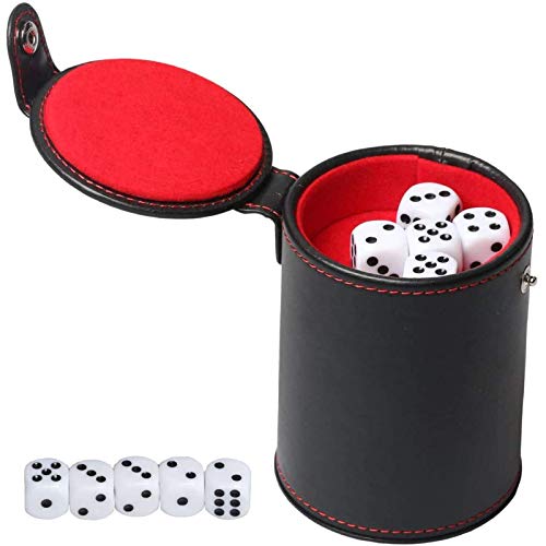 Boyigog Taza de Dados, Juego de Dados con Cubilete Poker, Vaso de Dados de Cuero de Doble Capa con Cinco Dados