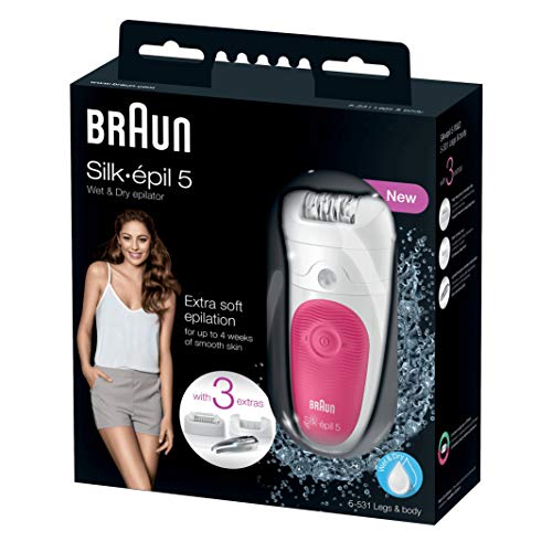 Braun Silk-Épil 5 5-531 - Depiladora Mujer Eléctrica e Inalámbrica, Sin Cable, 3 Extras Incluidos Cabezal de Masaje y Pinzas con Luz, Blanco/Frambuesa