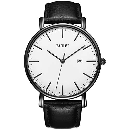 BUREI Reloj para Hombre Moderno, Minimalista y Ultrafino Reloj para Caballero con Fecha clásica con diseño Simple clásico de Cara Grande y Correa de Cuero Negro Suave