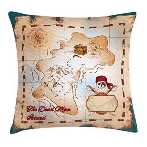 Butlerame Cartoon Pirate Treasure Map Crossbones y Skull Dead Man Island Niños Diseño, Funda de Almohada Decorativa Cuadrada Decorativa, 18x18 Pulgadas PLW-026