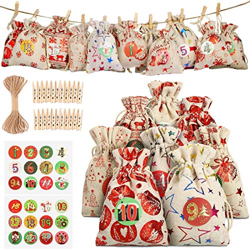 Calendario de Adviento, Set de 24 Bolsas de Yute para Rellenar, con Calendario de Adviento Casero, Bolsas Pequeñas Navidad, Bolsa de Regalo Navidad, Decoración Navideña para el Hogar