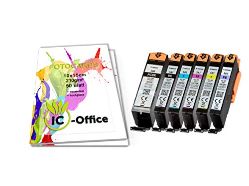 Canon PGI580 CLI581 PGI-580 CLI-581 - Juego de 6 cartuchos de tinta para impresora Pixma con papel fotográfico IC-Office (210 g/m², 10 x 15 cm, 100 hojas), color blanco brillante