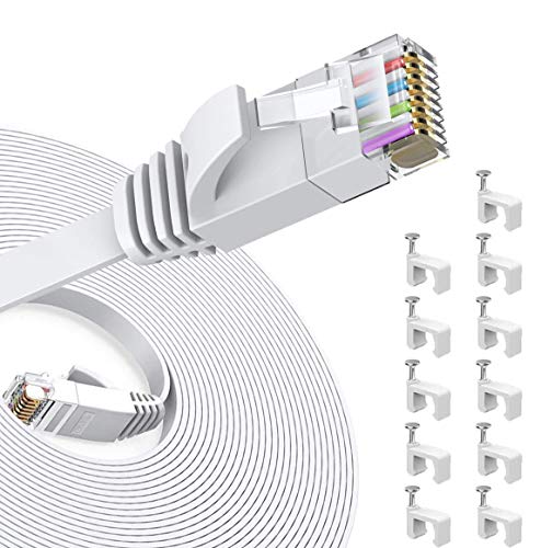 Cat6 Cable de red 15m Gigabit Ethernet FTP - Lan Gigabit Cable de parcheo RJ45 Cat6 Cable de conexión a red (1000 Mbit/s 1 Gigabit Twisted Pair FTP sin Halógeno 100% Cobre) - 15M Blanco Clips Gratis