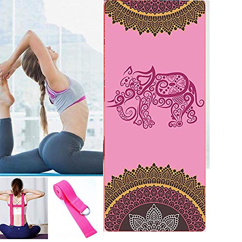 CDblue Esterilla de Yoga Plegable Gruesa Antideslizante de Viaje Esterilla de Yoga Esterilla de Ejercicio para Yoga Pilates y Fitness con 1 Correa de Banda Yoga(NO elástica)-Elefante