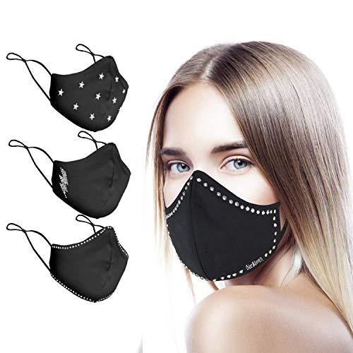 CHIC&LOVE | Banda Facial Negra para Mujer con Diseño Original con Cristales | AntiPolvo y AntiPolen Negra Estampado y Lavable hasta 25 Lavados | Para ir a la Moda y Fashion (Contorno)