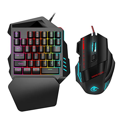 Combo de ratón con Teclado para Juegos con una Sola Mano, 1000-5500 dpi Ajustable Juego de Jugador para PC Combo Teclado para computadora Combo de Mouse Luz de Fondo de Color LED para Win 2000/Win XP