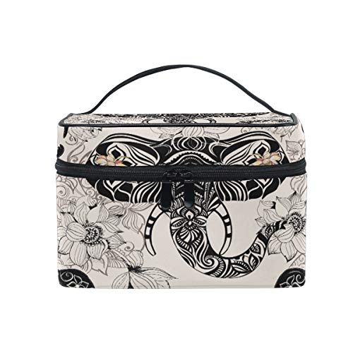 CPYang Bolsa de maquillaje de viaje, diseño de elefante indio de loto vintage, portátil, organizador de cosméticos, bolsa de aseo para mujeres y niñas