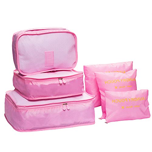 DoGeek Organizador de Equipaje 6 en 1 Set Viaje con Bolsa de Zapato,Impermeable Organizador de Maleta Bolsa para Ropa Sucia de Viaje, Material Nylon (Rosado)