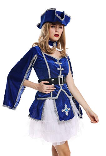 dressmeup - W-0284 Disfraz Mujer Feminino Halloween Carnval Mosquetero Soldado Barroco Gato con Botas Sombrero Azul Talla S