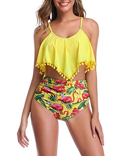 Eledobby Conjuntos de Bikinis para Mujer de Cintura Alta 2 Uds Traje de Baño Acolchado Sexy Traje de Baño para Mujer Trajes de Baño para Natación en la Playa Amarillo 2XL