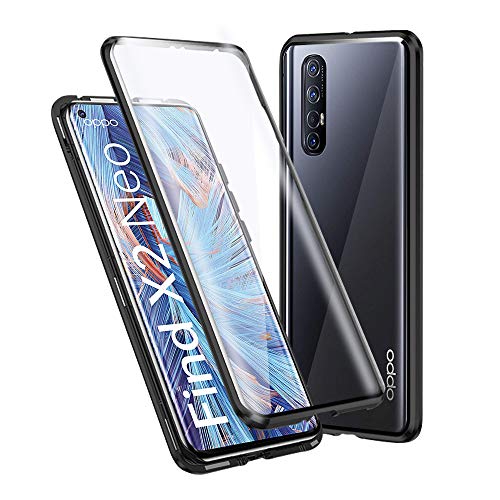 Ellmi Funda para OPPO Find X2 Neo, Adsorción Magnética Parachoques de Metal con 360 Grados Protección Case Cover Transparente Ambos Lados Vidrio Templado Cubierta, Negro