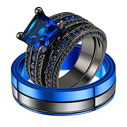 Epinki Anillos de Pareja Circonita Forma de Princesa Azul Negro Anillos Compromiso Mujer Talla Mujer 10 & Hombre 20