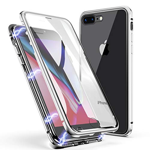 Funda para iPhone 8 Plus/7 Plus, ZHIKE Estuche de Adsorción Magnético Frente y Parte Posterior de Vidrio Templado Cobertura de Pantalla Completa Diseño para iPhone 8 Plus/7 Plus (Blanco Claro)