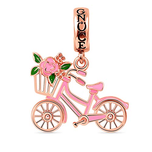 GNOCE Colgante De Abalorios Bicicleta Con Flores Plata Ley de 18 Quilates Chapado En Oro Rosa Pulsera/Collar Con Ajuste De Cuentas Regalo de Navidad para Mujeres Niñas Hija