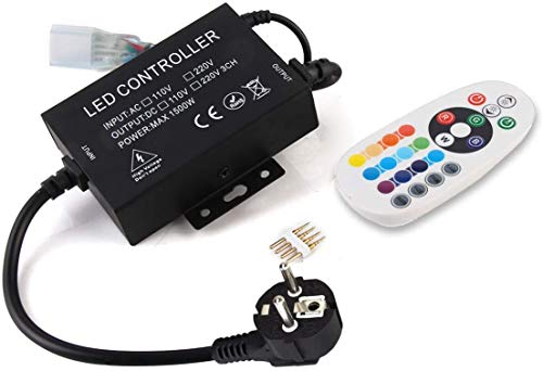 GreenSun - Controlador RF para tira de LED, mando a distancia de 24 teclas, control remoto de 220 V, cable de alimentación para tiras de luces LED RGB