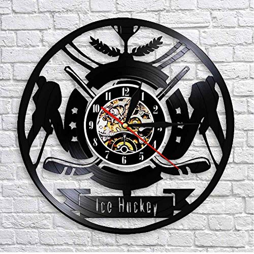 GUTONGHAO Hockey sobre Hielo Arte De Pared Niños Dormitorio Reloj Decorativo Reloj De Pared Jugadores De Hockey Reloj De Pared con Registro De Vinilo Vintage