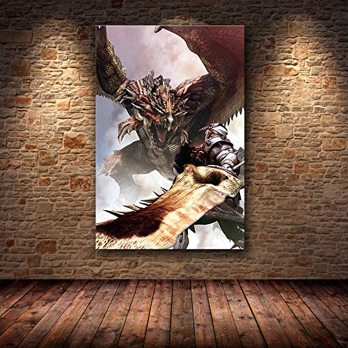 H/E Juego Clásico Monster Hunter World Póster Artístico Decoración De La Sala De Estar del Hogar Pintura Lienzo Mural Sin Marco50X60Cm G8695