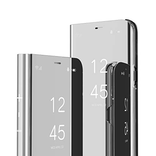 HMTECH Funda Samsung Galaxy A10 Funda Espejo Mirror Libro Flip Soporte Plegable Espejo Enchapado Ultra Delgada Window View Delantera y Trasera Completa Protectora Carcasa,Mirror PU Silver