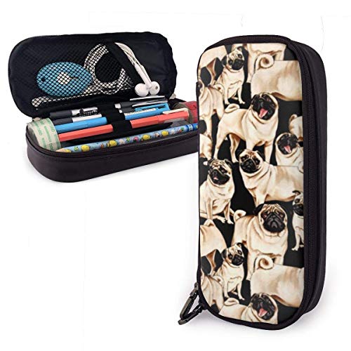 huatongxin Estampas De Tecidos Com Pug Cute Pen Estuche Leather 8 X 3.5 X 1.5 Inch Estuche para lápices con estuche con cremallera doble para escuela, oficina, niñas, niños, adultos